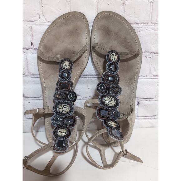 Sigerson Morrison Tan Suede Beaded Stone Sandals Ankle Straps Gladiator Size 9 - Picture 1 of 15